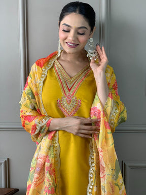 Women Mustard Yellow Kurta Pant Set with Floral Organza Dupatta