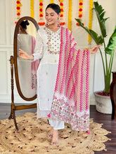 Women White Kurta Pant Set with Pink Printed Dupatta