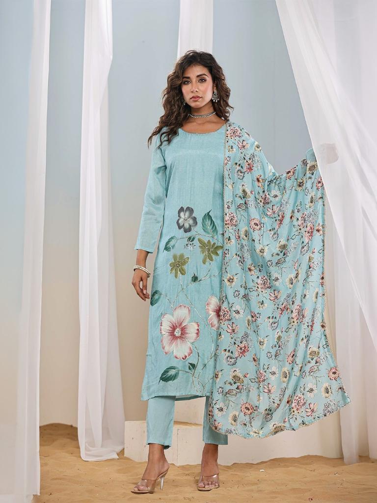 Women Sky Blue Floral Printed Kurta Pant Set with Dupatta