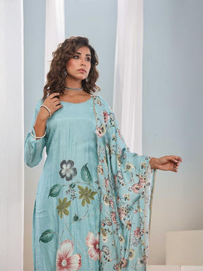 Women Sky Blue Floral Printed Kurta Pant Set with Dupatta