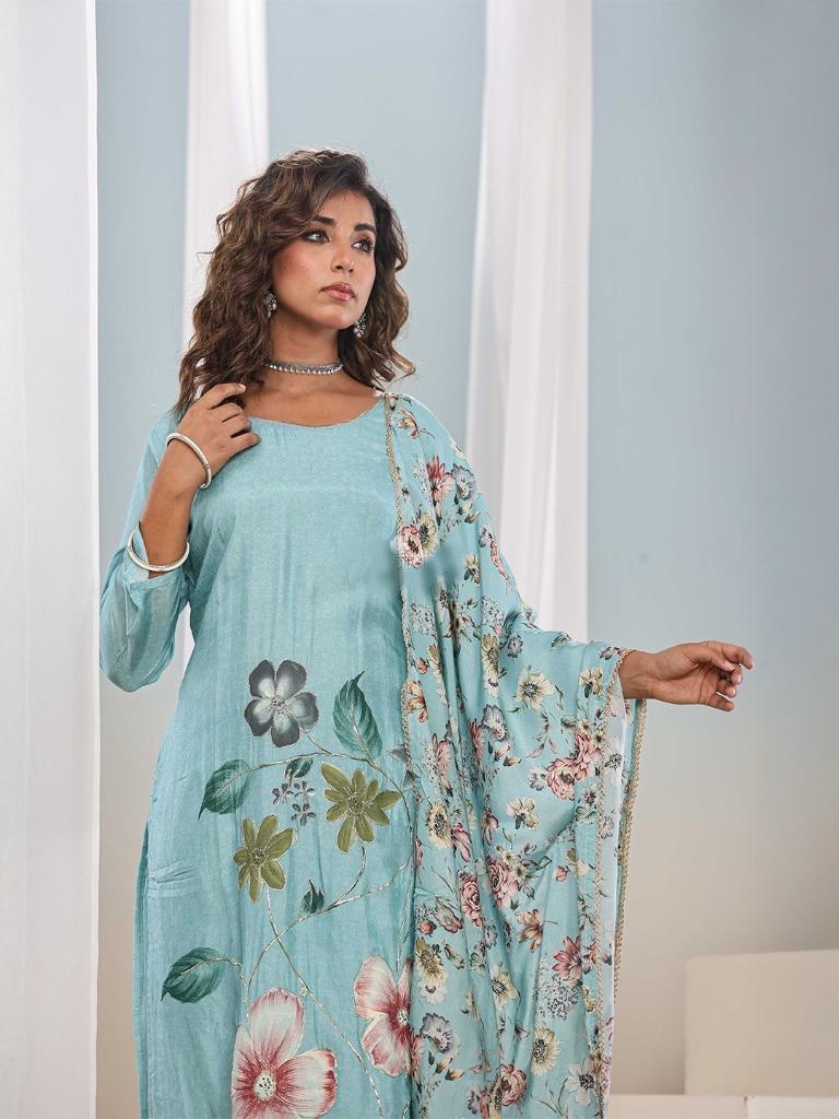 Women Sky Blue Floral Printed Kurta Pant Set with Dupatta