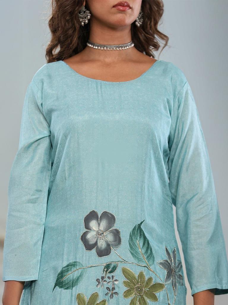 Women Sky Blue Floral Printed Kurta Pant Set with Dupatta