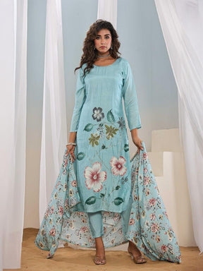 Women Sky Blue Floral Printed Kurta Pant Set with Dupatta
