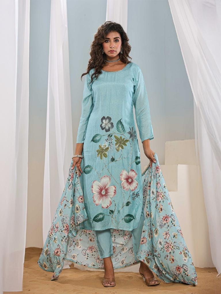 Women Sky Blue Floral Printed Kurta Pant Set with Dupatta