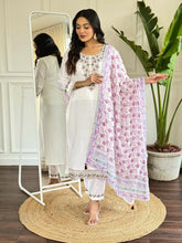 Women White Embroidered Kurta Pant Set with Printed Dupatta