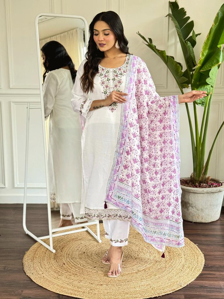 Women White Embroidered Kurta Pant Set with Printed Dupatta