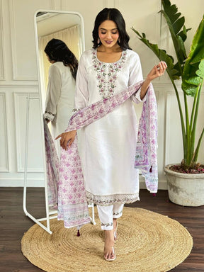 Women White Embroidered Kurta Pant Set with Printed Dupatta