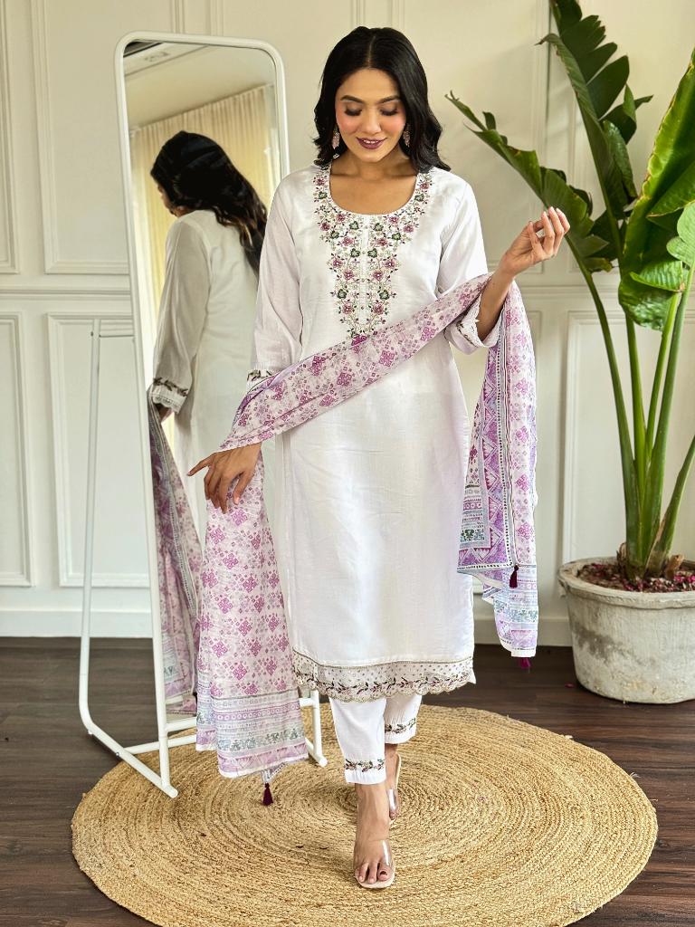 Women White Embroidered Kurta Pant Set with Printed Dupatta