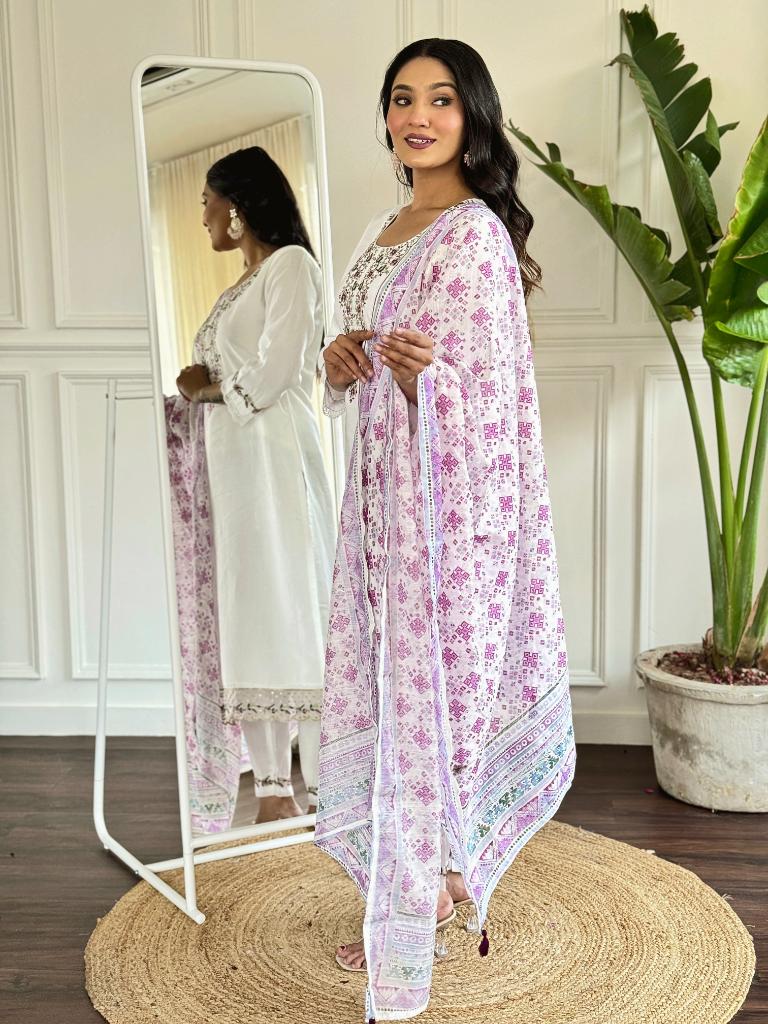 Women White Embroidered Kurta Pant Set with Printed Dupatta