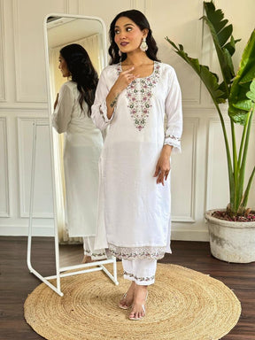 Women White Embroidered Kurta Pant Set with Printed Dupatta
