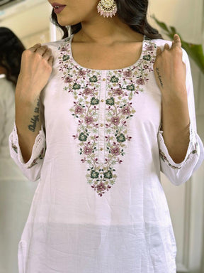 Women White Embroidered Kurta Pant Set with Printed Dupatta