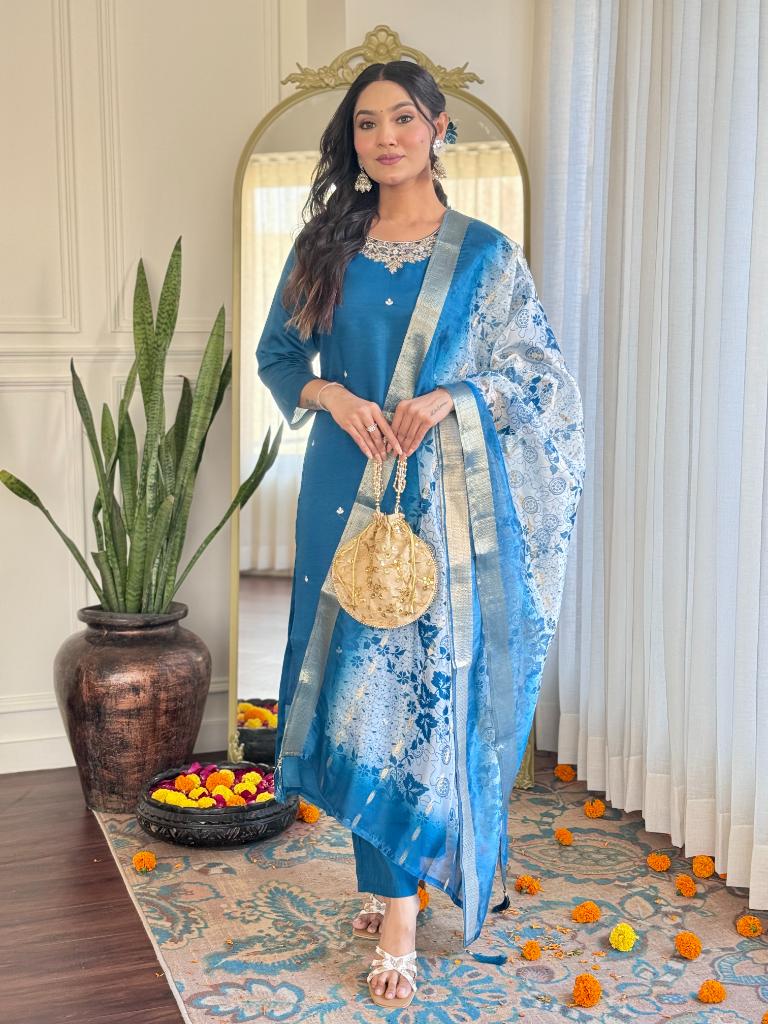Women Teal Blue Embroidered Kurta Pant Set with Jacquard Dupatta