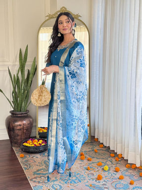 Women Teal Blue Embroidered Kurta Pant Set with Jacquard Dupatta