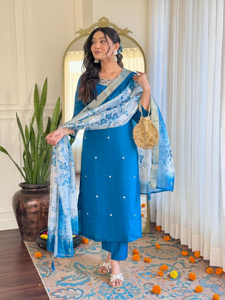 Women Teal Blue Embroidered Kurta Pant Set with Jacquard Dupatta