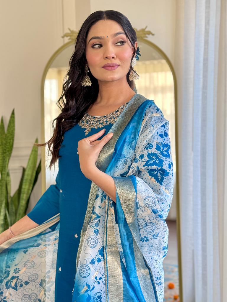 Women Teal Blue Embroidered Kurta Pant Set with Jacquard Dupatta