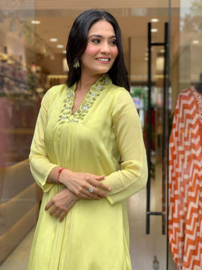 Women Lime Green Embroidered Anarkali Kurta Pant Set