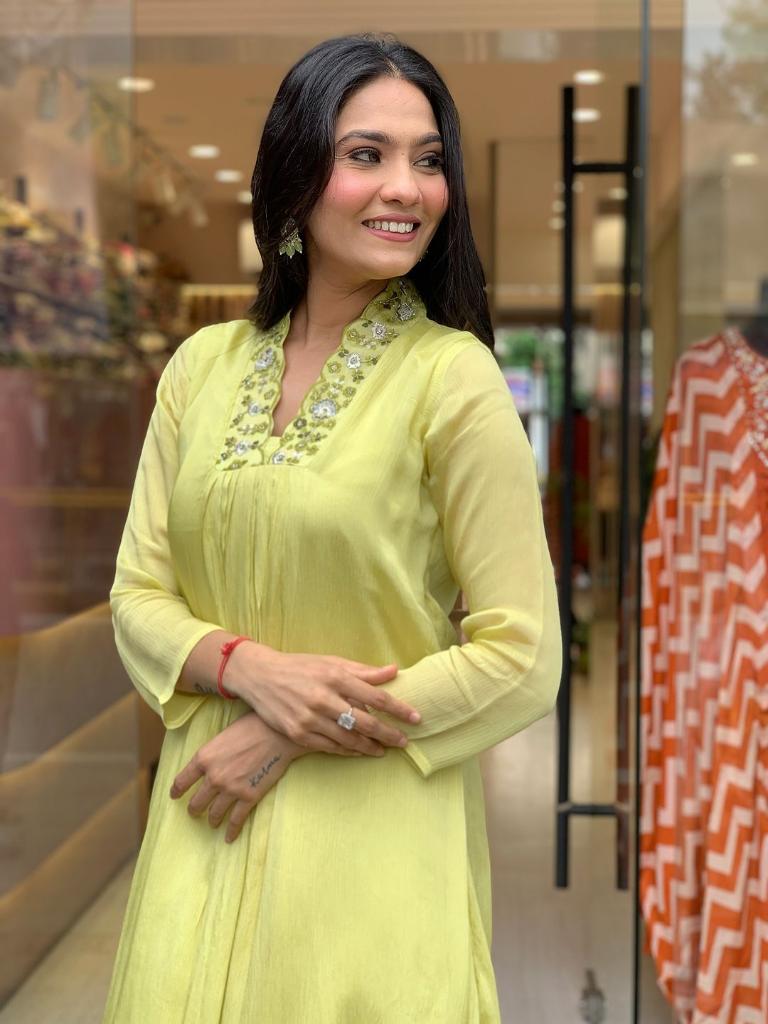 Women Lime Green Embroidered Anarkali Kurta Pant Set