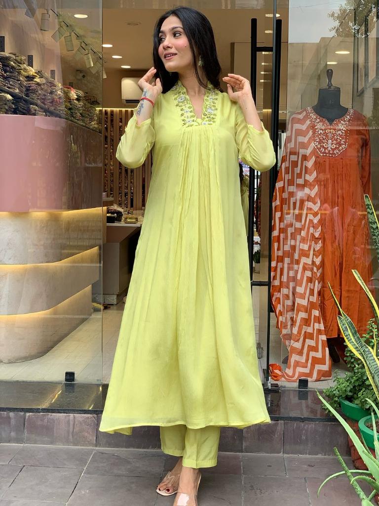 Women Lime Green Embroidered Anarkali Kurta Pant Set