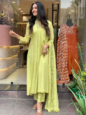 Women Lime Green Embroidered Anarkali Kurta Pant Set