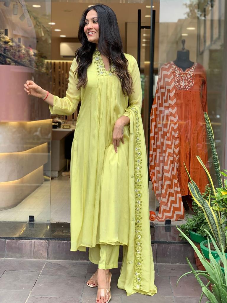 Women Lime Green Embroidered Anarkali Kurta Pant Set