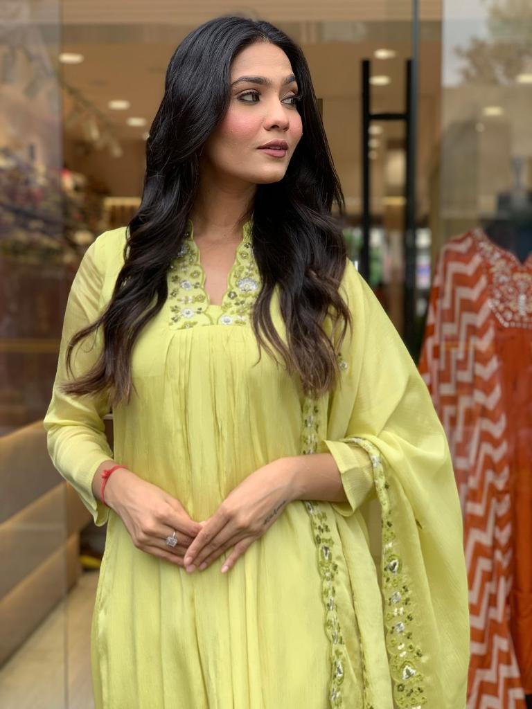 Women Lime Green Embroidered Anarkali Kurta Pant Set