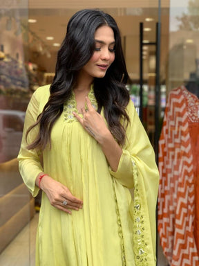 Women Lime Green Embroidered Anarkali Kurta Pant Set