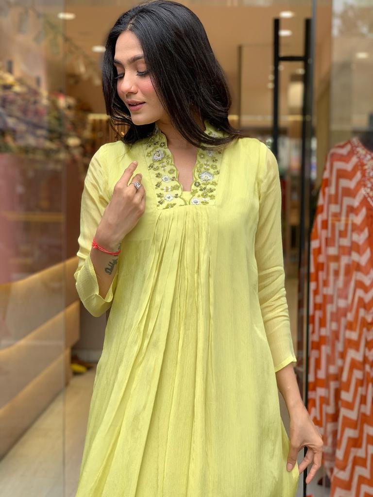 Women Lime Green Embroidered Anarkali Kurta Pant Set