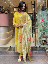 Women Mustard Yellow Embroidered Kurta Pant Set with Floral Printed Dupatta