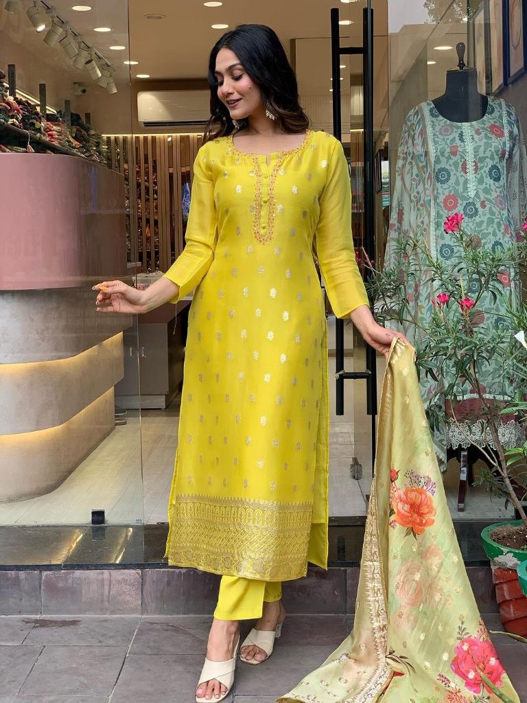 Women Mustard Yellow Embroidered Kurta Pant Set with Floral Printed Dupatta