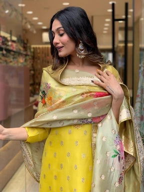 Women Mustard Yellow Embroidered Kurta Pant Set with Floral Printed Dupatta