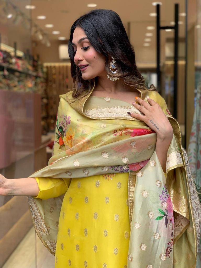 Women Mustard Yellow Embroidered Kurta Pant Set with Floral Printed Dupatta