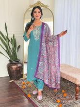 Women Teal Green Embroidered Kurta Pant Set with Printed Dupatta