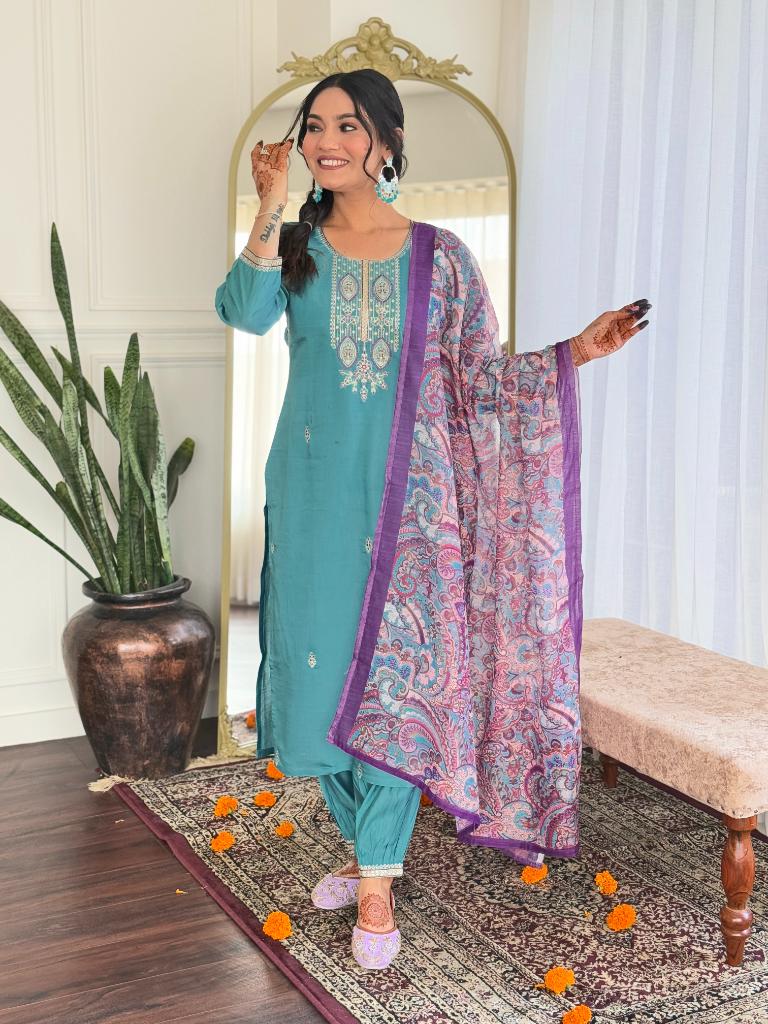 Women Teal Green Embroidered Kurta Pant Set with Printed Dupatta