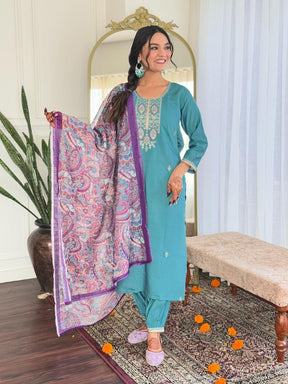 Women Teal Green Embroidered Kurta Pant Set with Printed Dupatta