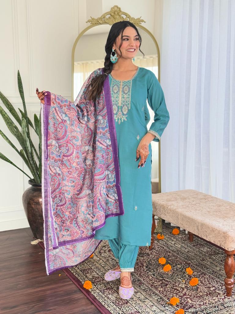 Women Teal Green Embroidered Kurta Pant Set with Printed Dupatta