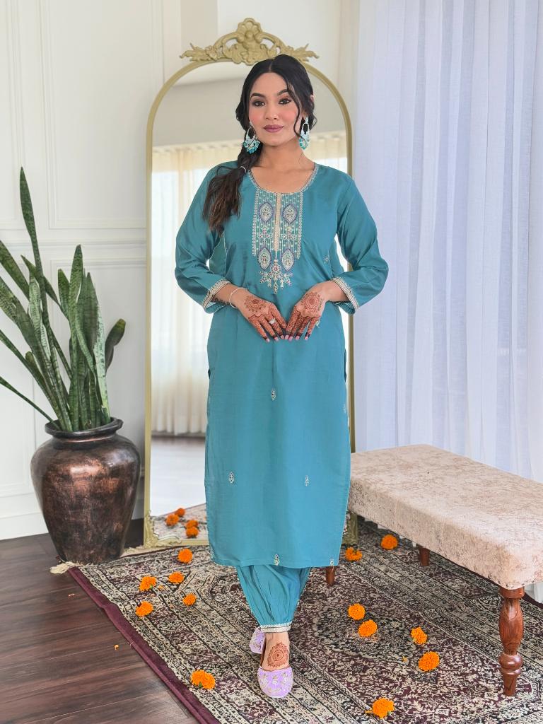 Women Teal Green Embroidered Kurta Pant Set with Printed Dupatta