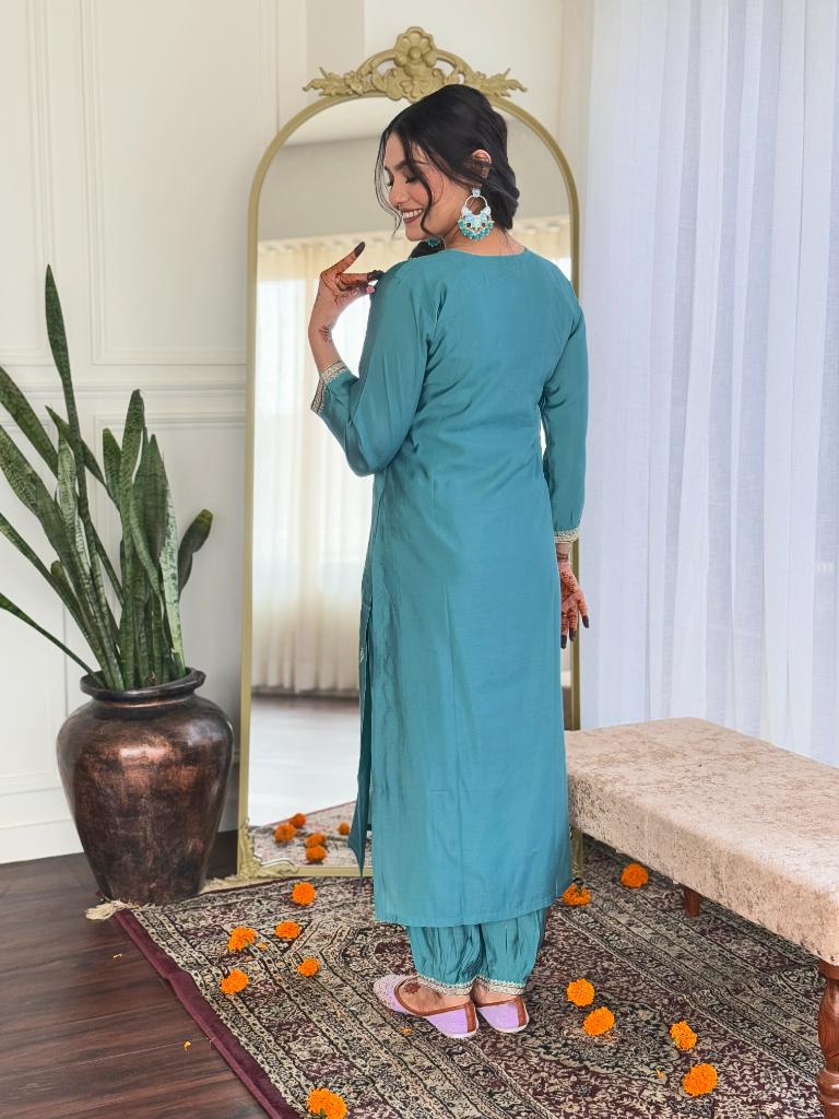 Women Teal Green Embroidered Kurta Pant Set with Printed Dupatta
