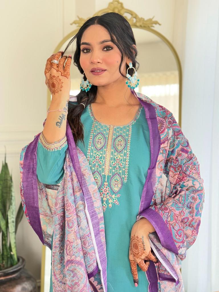 Women Teal Green Embroidered Kurta Pant Set with Printed Dupatta