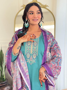 Women Teal Green Embroidered Kurta Pant Set with Printed Dupatta