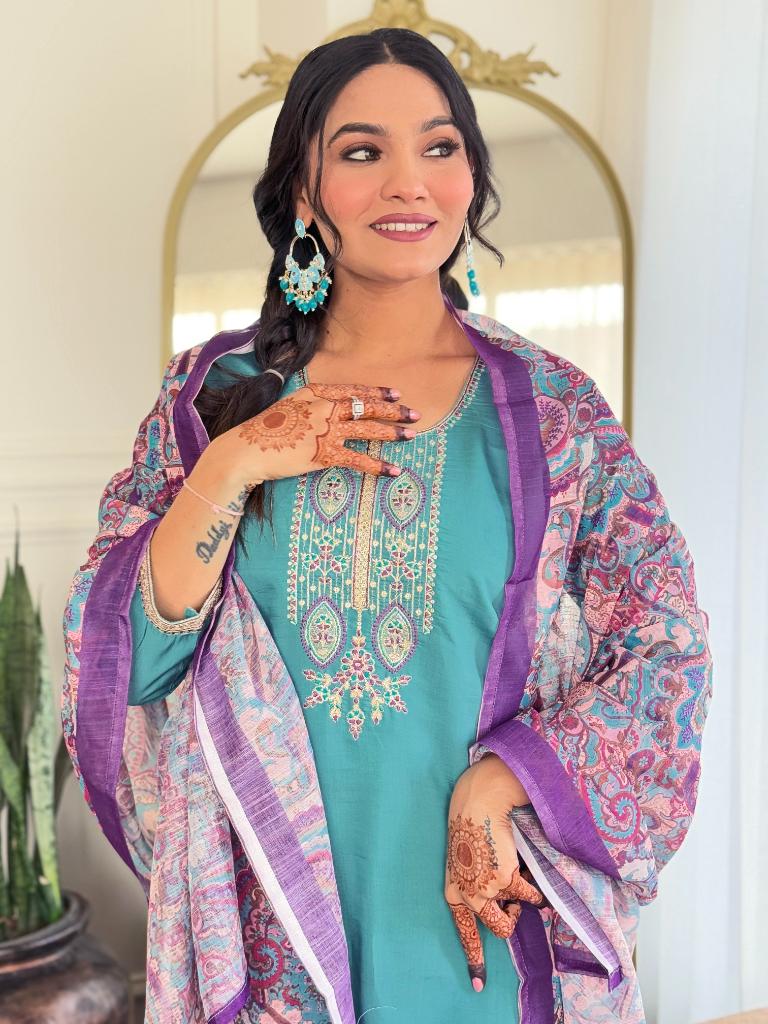 Women Teal Green Embroidered Kurta Pant Set with Printed Dupatta