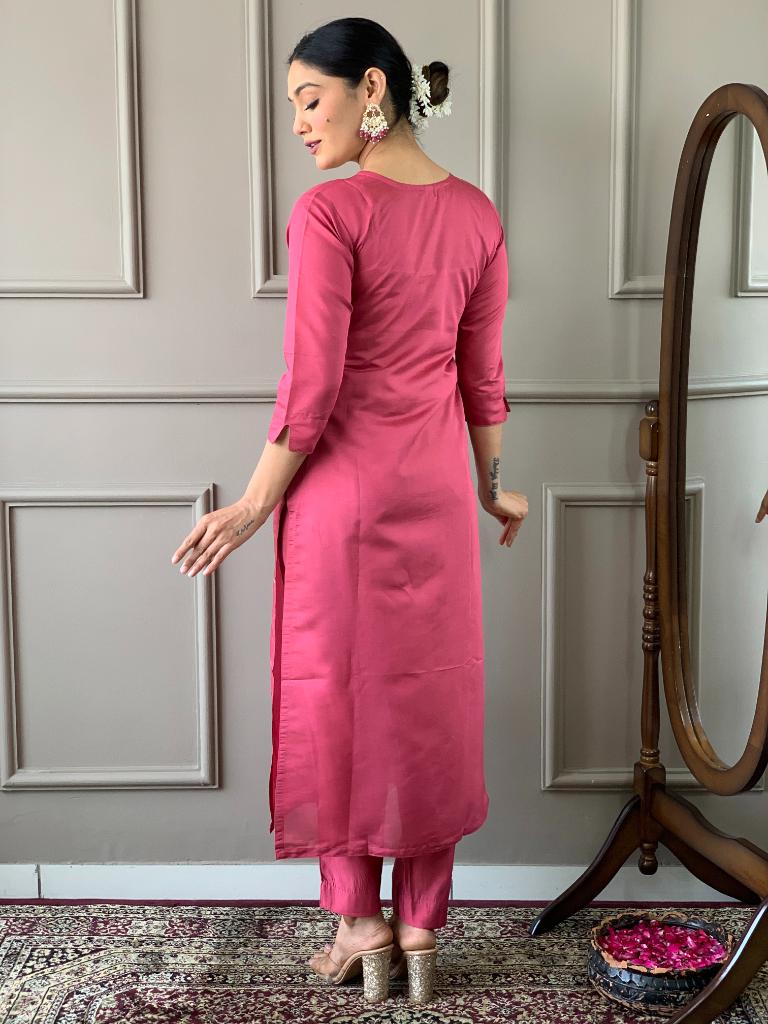 Women Rose Pink Embroidered Kurta Pant Set with Floral Organza Dupatta