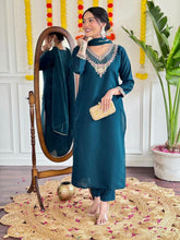 Women Teal Embroidered Kurta Pant Set with Dupatta