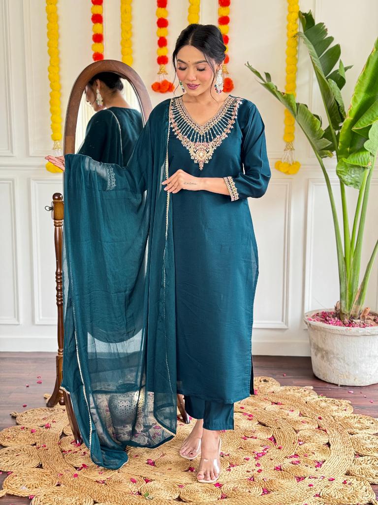 Women Teal Embroidered Kurta Pant Set with Dupatta