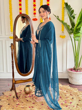 Women Teal Embroidered Kurta Pant Set with Dupatta