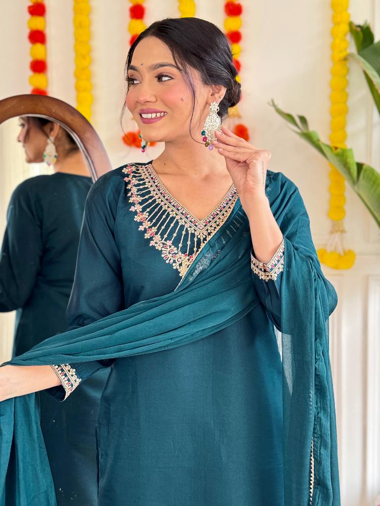 Women Teal Embroidered Kurta Pant Set with Dupatta