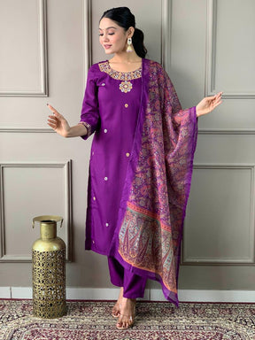 Women Purple Embroidered Kurta Pant Set with Printed Dupatta