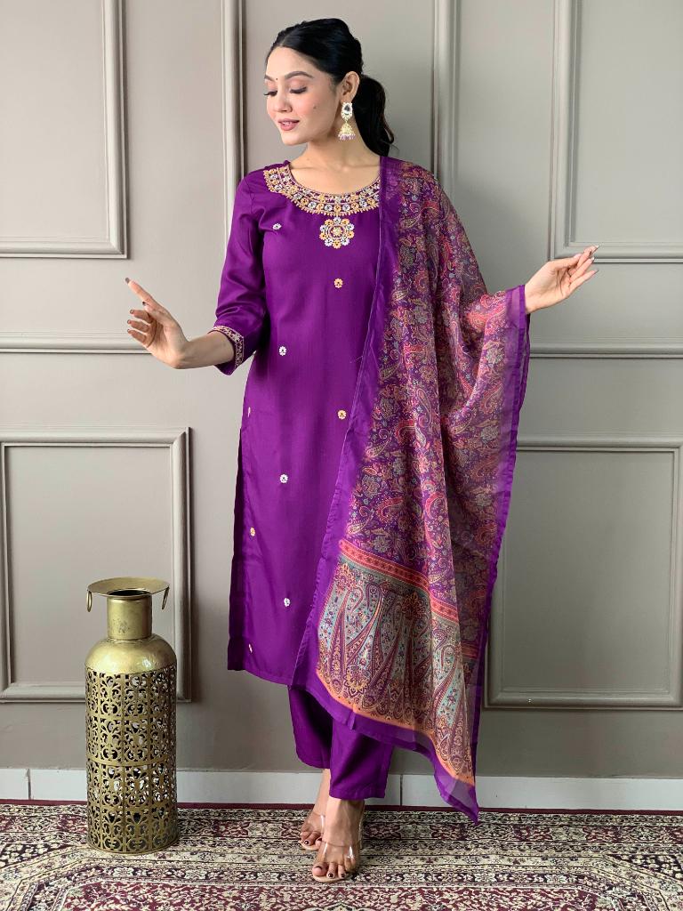 Women Purple Embroidered Kurta Pant Set with Printed Dupatta