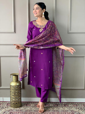 Women Purple Embroidered Kurta Pant Set with Printed Dupatta