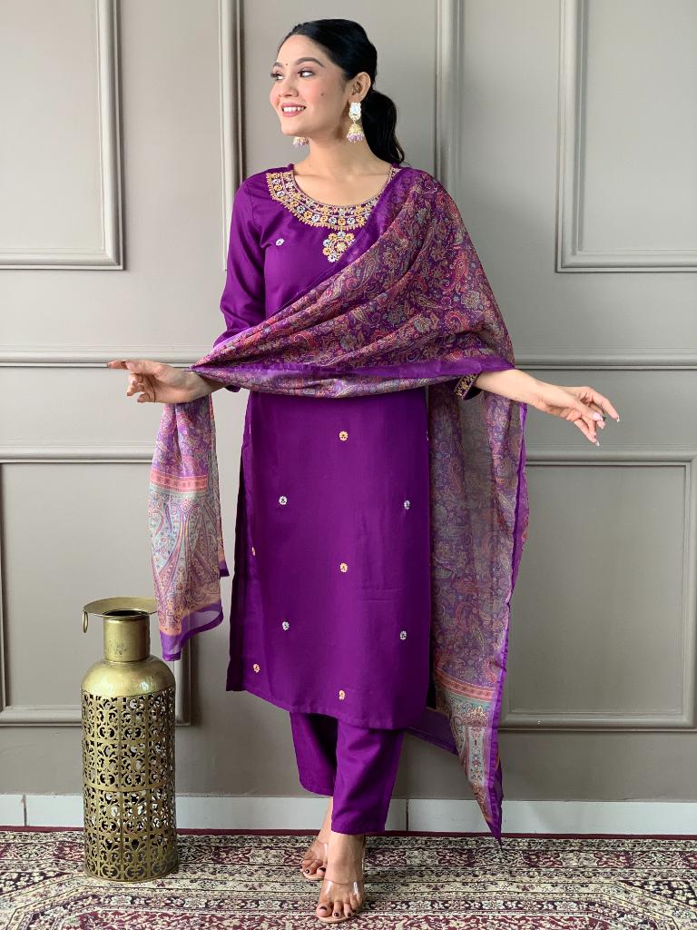 Women Purple Embroidered Kurta Pant Set with Printed Dupatta