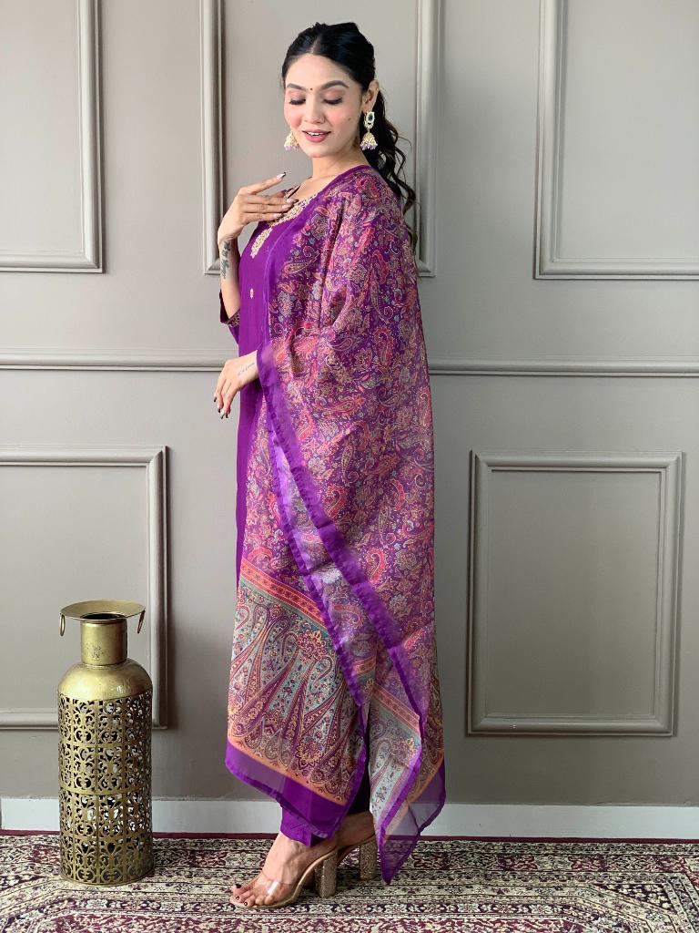 Women Purple Embroidered Kurta Pant Set with Printed Dupatta
